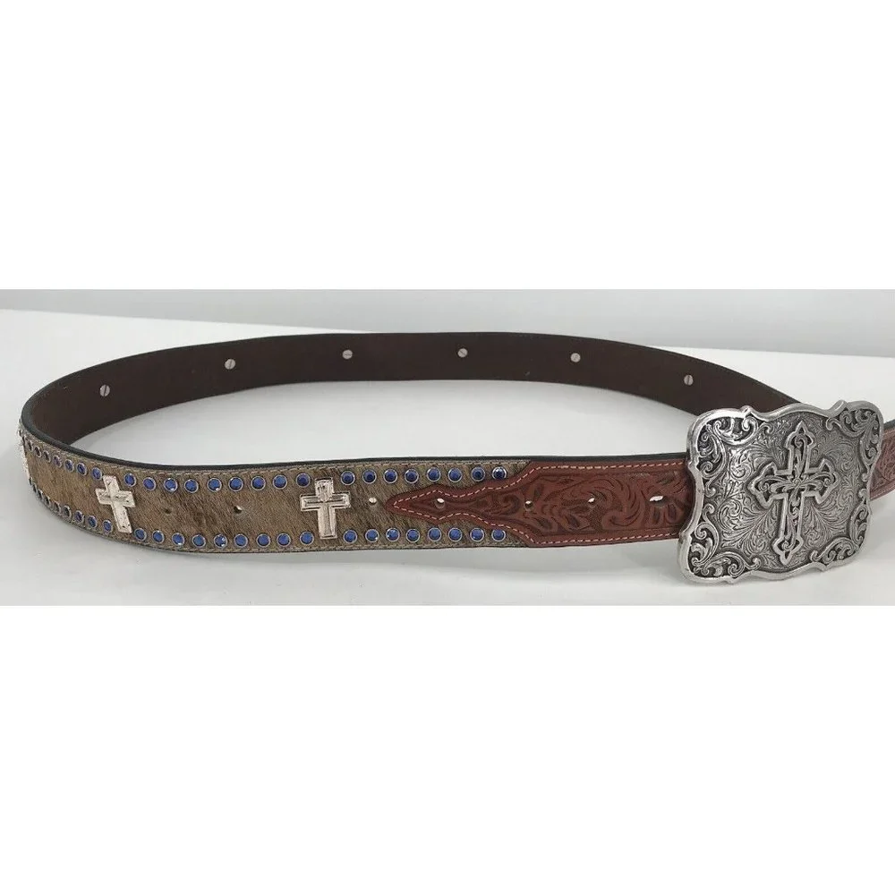 Ranger Belt Company Leather Belt Cowboy Western Cross Christian Buckle Hair‎